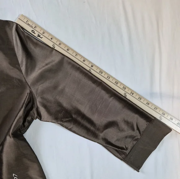 Allion Taylor Gold Silk Satin Band Collar V-Neck Blouse - Long Sleeve - Picture 7 of 7